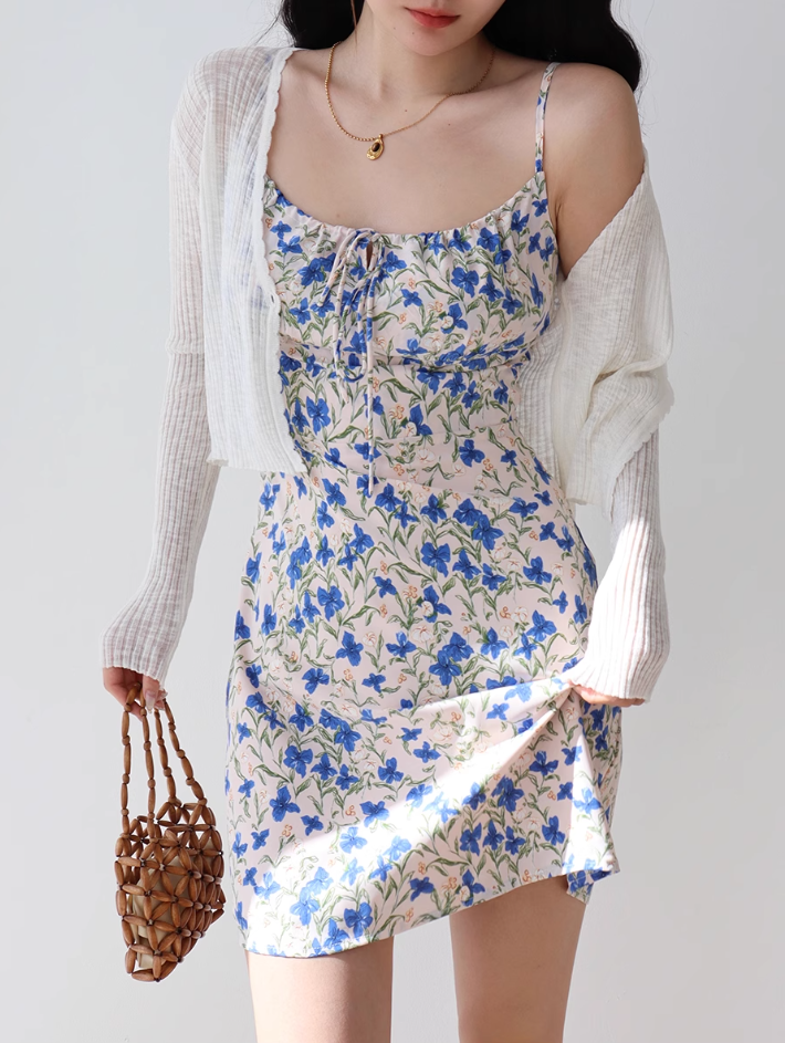 French retro blue floral suspender skirt sexy slim dress hip skirt R2852