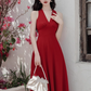 Retro wine red sling halter neck dress temperament waist high-end dress R1496