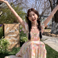 Long square neck small flying sleeve waist printed A-line dress summer French skirt R4905