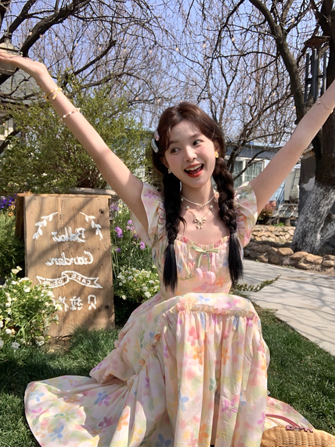 Long square neck small flying sleeve waist printed A-line dress summer French skirt R4905