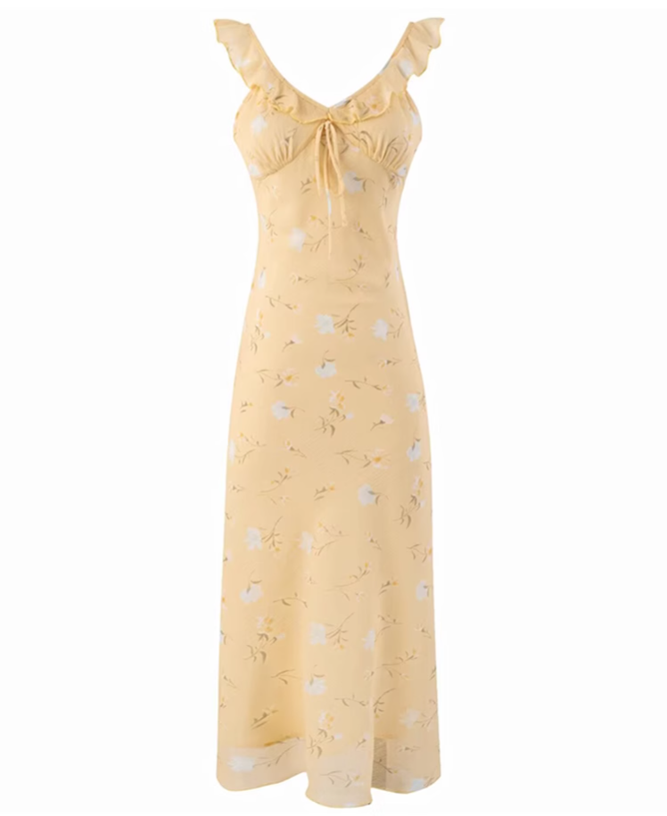 French holiday style yellow long floral sling waist slimming dress R2656