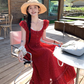 Red polka dot lace cinched waist small flying sleeve dress for women's summer French dress R4784