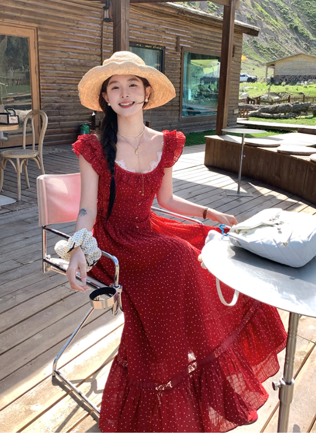Red polka dot lace cinched waist small flying sleeve dress for women's summer French dress R4784