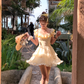 Yellow square neck puff sleeve waist dress summer French retro temperament skirt R4869