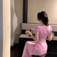 French elegant pink square neck dress for women with slim waist and elegant long skirt R4258