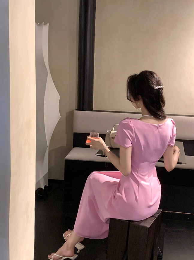 French elegant pink square neck dress for women with slim waist and elegant long skirt R4258