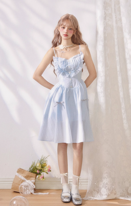 Fresh blue accordion pleated ruffled waisted suspender dress R5250