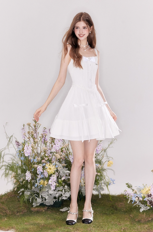 Girls slim texture tea break vacation white bow dress summer R4544