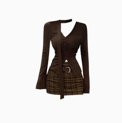 Sexy hot girl slim fit V-neck long-sleeved top 2025 plus size plaid hip skirt suit R1336