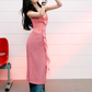 Red plaid waisted halter neck dress summer V-neck ribbon French temperament long dress R3324
