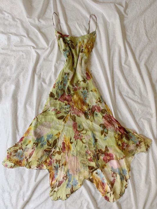 Green retro pattern slim waist irregular skirt homecoming dress R2746