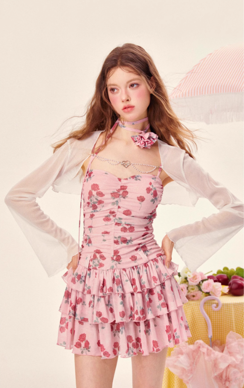 Rose mesh lotus leaf cake skirt waist strap dress R5254