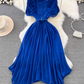 Light luxury temperament stand-up collar off-shoulder pleated waist A-line chiffon dress elegant long skirt R0374