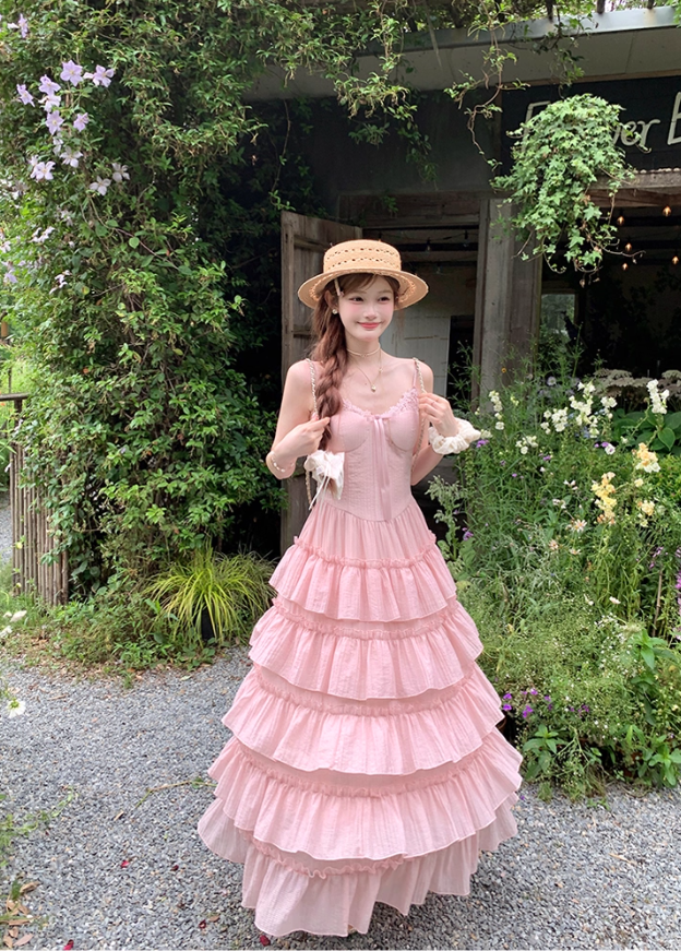 Pink long waist A-line suspender dress for women summer French temperament skirt R4862