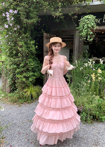 Pink long waist A-line suspender dress for women summer French temperament skirt R4862