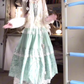 Green fake two-piece floral suspender dress gentle temperament waist A-line long skirt R0692