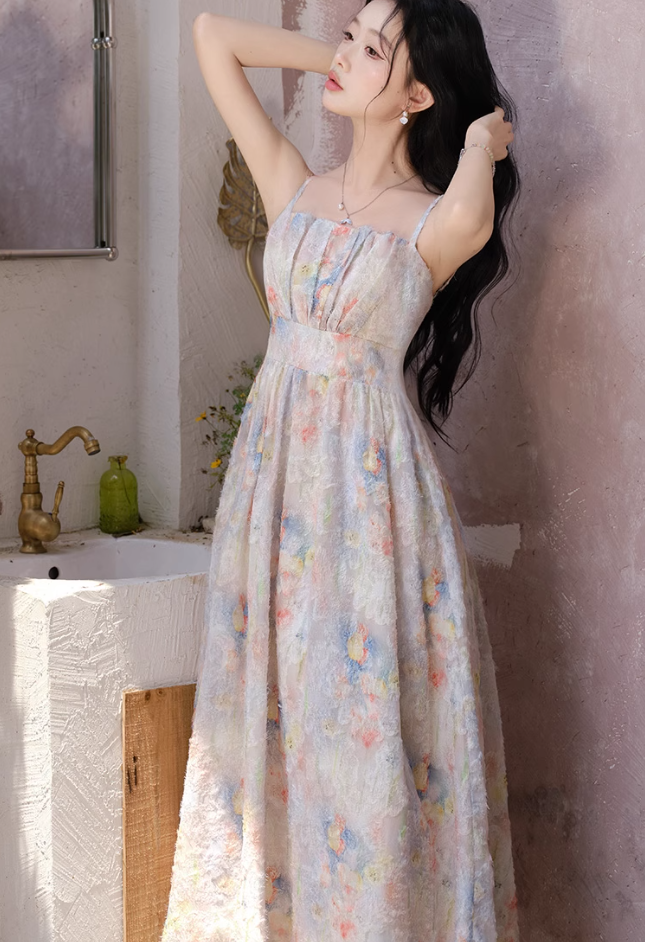 Summer small skirt French gentle style floral suspender dress plus cardigan two-piece set R2406