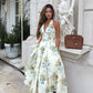 Light green floral halter neck slim waist long dress homecoming dress R3693