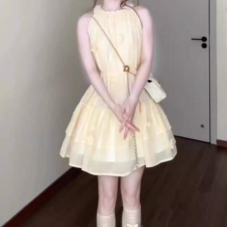 Gentle and sweet style flower halter neck dress beautiful waist A-line short skirt R0750