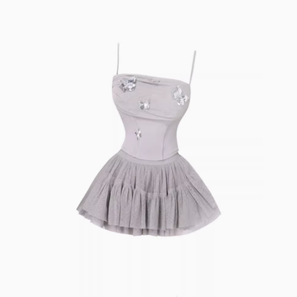 Pure desire style butterfly suspender top 2025 polka dot mesh a-line skirt suit R1141
