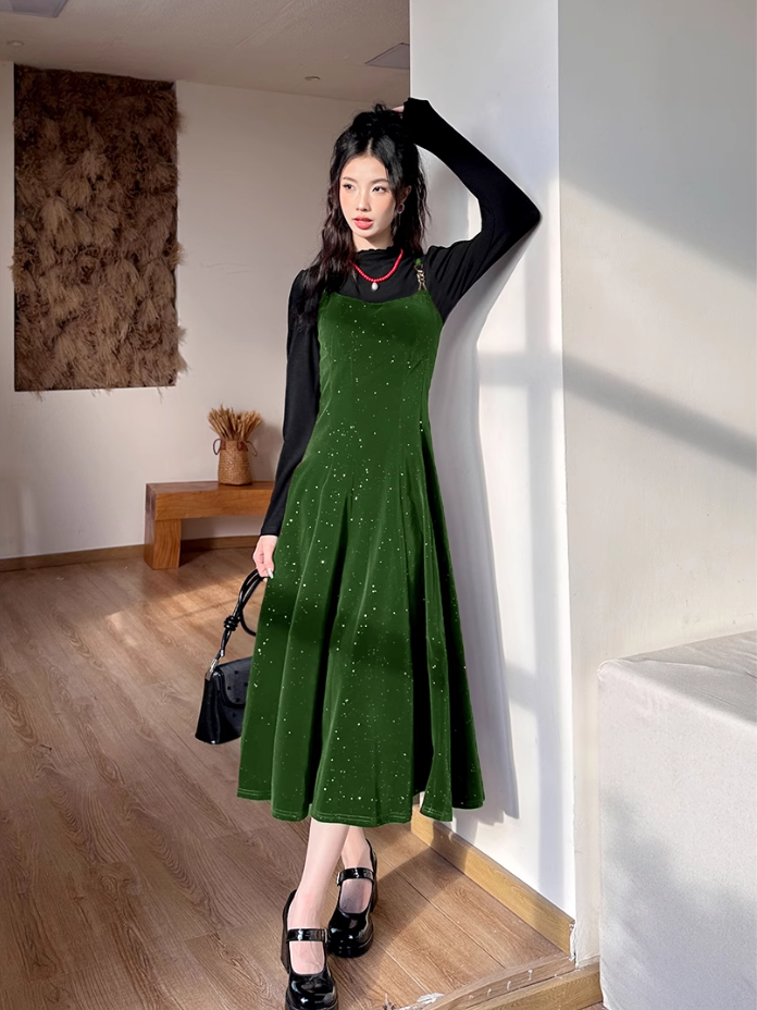 Fairy French retro velvet suspender skirt slim fit waist long skirt dress R1722