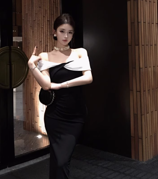 One shoulder dress for women black and white slim waist and fit temperament hip party dress R1535