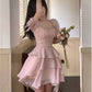 Pink Chiffon Short Sleeve Waist Slim Sexy Layered Skirt Homecoming Dress R4063