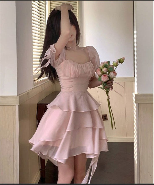Pink Chiffon Short Sleeve Waist Slim Sexy Layered Skirt Homecoming Dress R4063