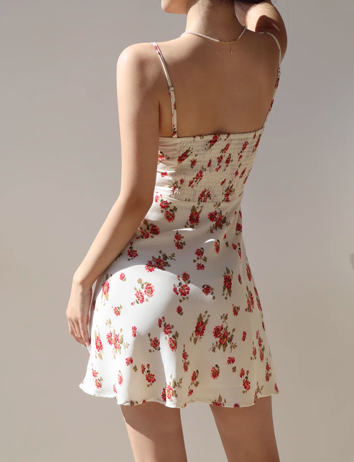 French retro floral sexy waist suspender dress A-line short skirt R2826