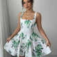 White background printed halter waist slim A-line short skirt homecoming dress R3210