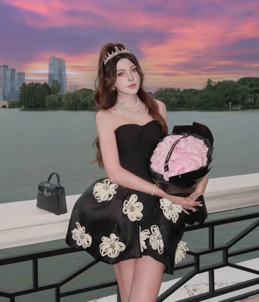 Birthday party dress high-end niche princess tutu black tube top dress R1788