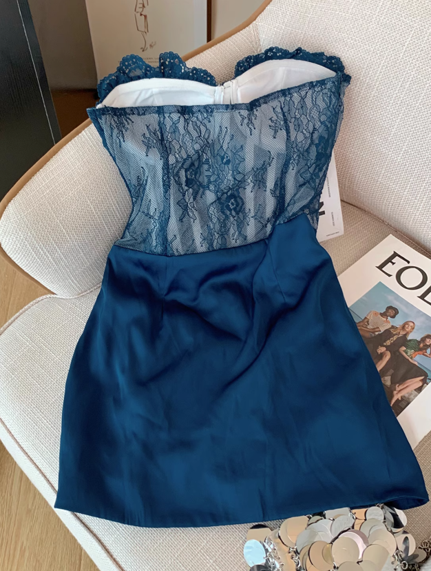 Pure desire style sexy lace tube top dress for women with slim waist and pleated short hip skirt R3992