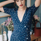 French retro dress green floral slim v-neck one-piece wrap-around lace-up tea dress R2925
