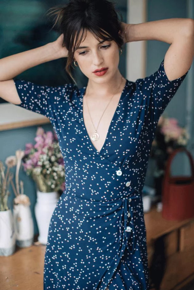 French retro dress green floral slim v-neck one-piece wrap-around lace-up tea dress R2925