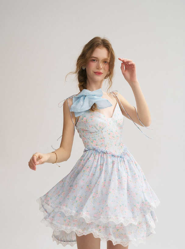 French blue skirt sweet floral suspender skirt holiday style ear-shaped short dress for women R3522