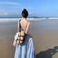 Travel wear women's beach dress backless blue and white plaid skirt a-line suit R1567