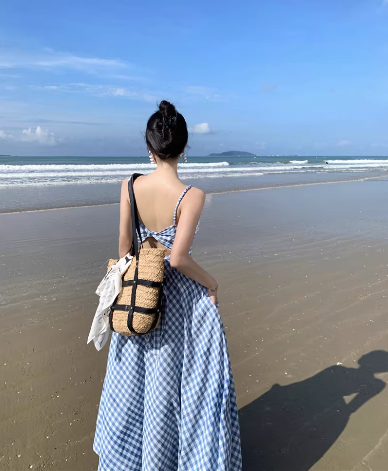 Travel wear women's beach dress backless blue and white plaid skirt a-line suit R1567