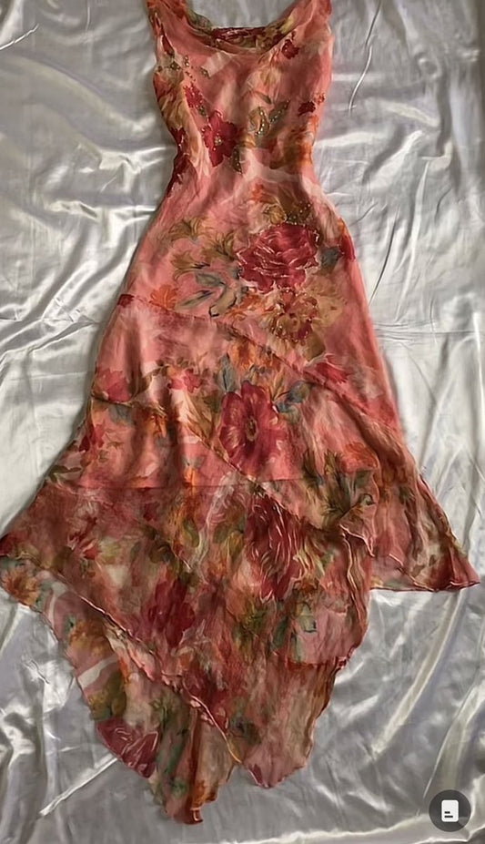 Pink suspenders slim waist irregular skirt long skirt homecoming dress R2789