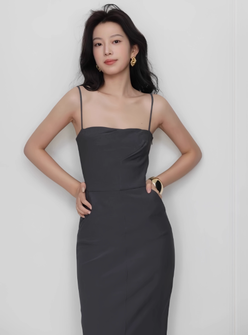 One-shoulder suspender skirt slim fit pleated long and short style high-end hip-wrapped niche skirt R1548