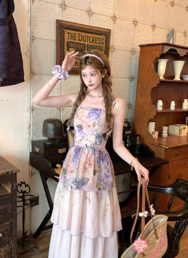 Long purple waist-length neckline suspender dress summer French retro temperament slim skirt R4780