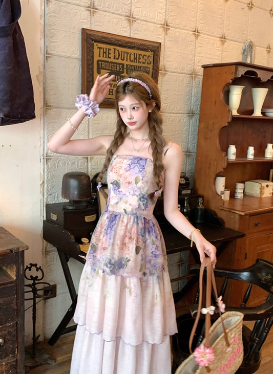 Long purple waist-length neckline suspender dress summer French retro temperament slim skirt R4780