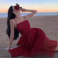 Fairy dress red beach dress vacation travel wear high waist irregular suspender skirt R1581