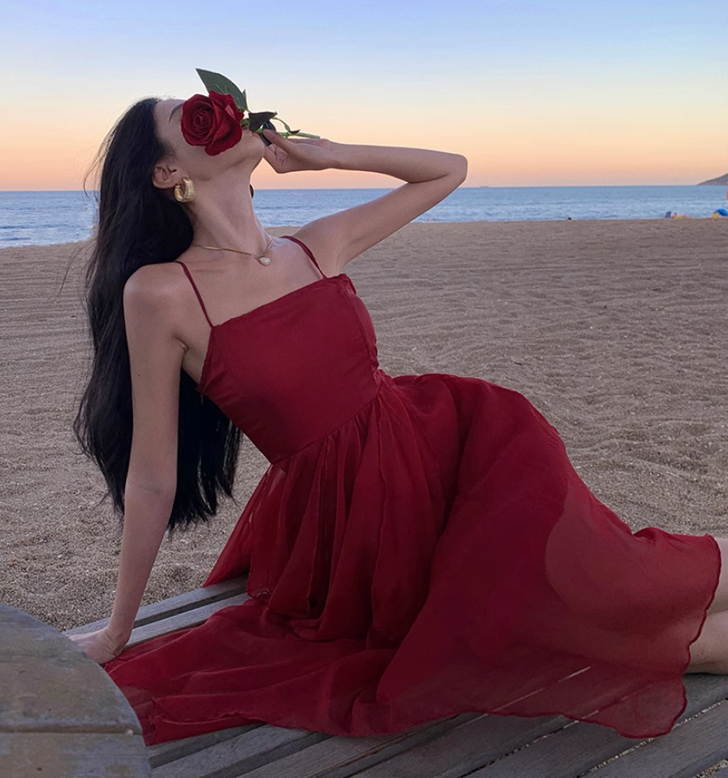 Fairy dress red beach dress vacation travel wear high waist irregular suspender skirt R1581