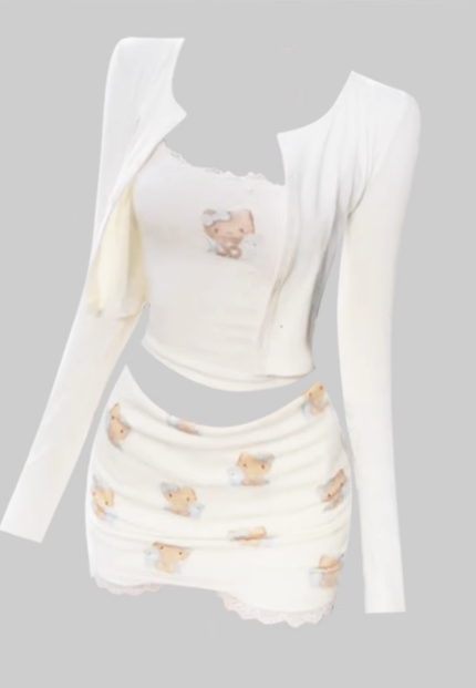 Sweet hot girl suspenders long-sleeved cardigan 2025 pure desire style printed hip skirt suit R1365