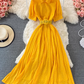 2025 Puff Sleeve Lapel Pleated Polka Dot Dress Waist Slimming Long Swing Dress Short Sleeve R0382