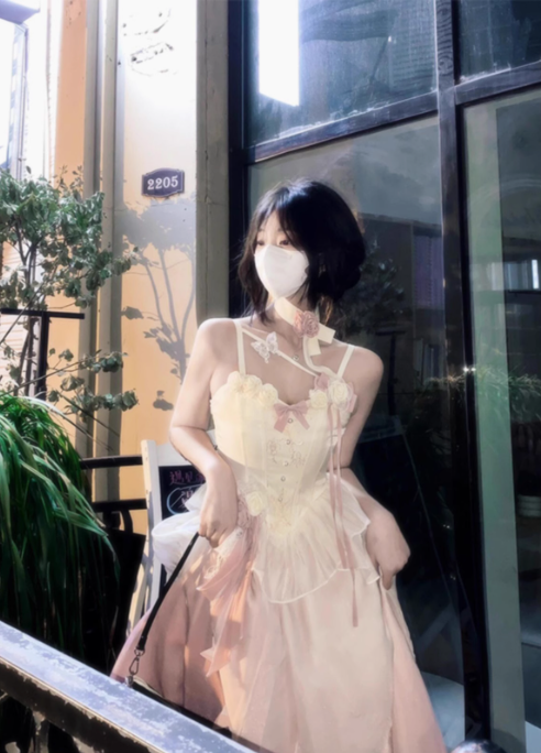 Spring Breeze French Lolita Gradient Pink Fairy Fishbone Sling Lolita Princess Dress Two-piece Set R1656