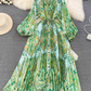 Light luxury temperament lantern long sleeve round neck waist single breasted print elegant dress R0403