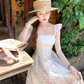 Pink long square neck waist A-line suspender dress women's summer French retro skirt R4740