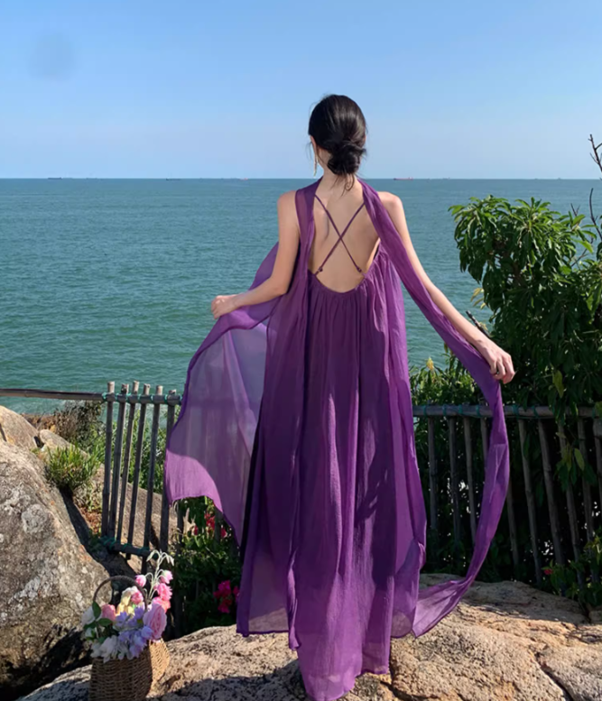 Purple beach dress backless dress loose chiffon suspender long dress seaside holiday dress R1595