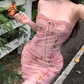 French retro printed tube top dress 2025 pure desire style lace halter neck long dress R1364